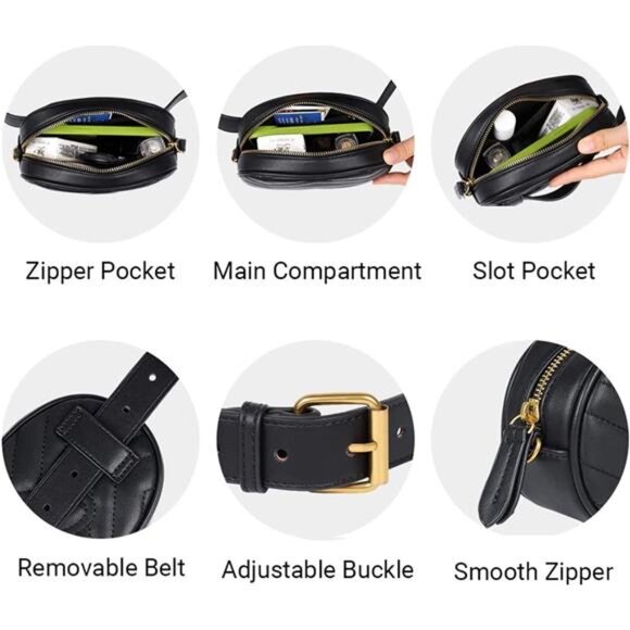 Black Fanny Packs,Leather Waist Bags for Women,Waterproof Belt Bag,Crossbody Bag - Picture 5 of 7